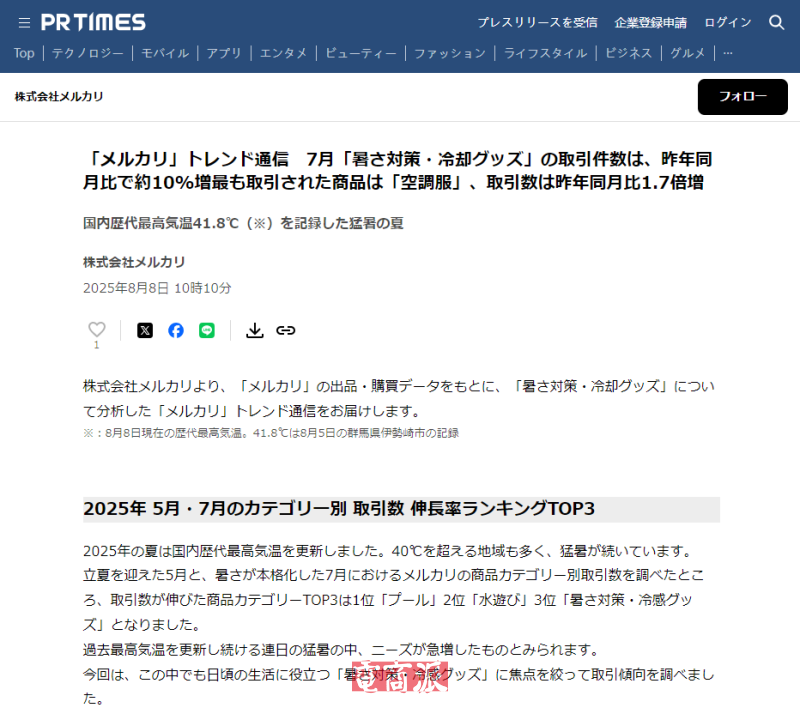 Mercari：7月防暑用品交易量同比增长10%