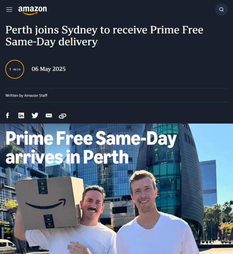 亚马逊在澳大利亚珀斯上线Prime免费当日达
