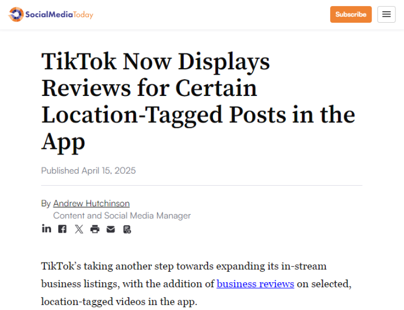 TikTok测试在地点相关视频评论区展示用户评分