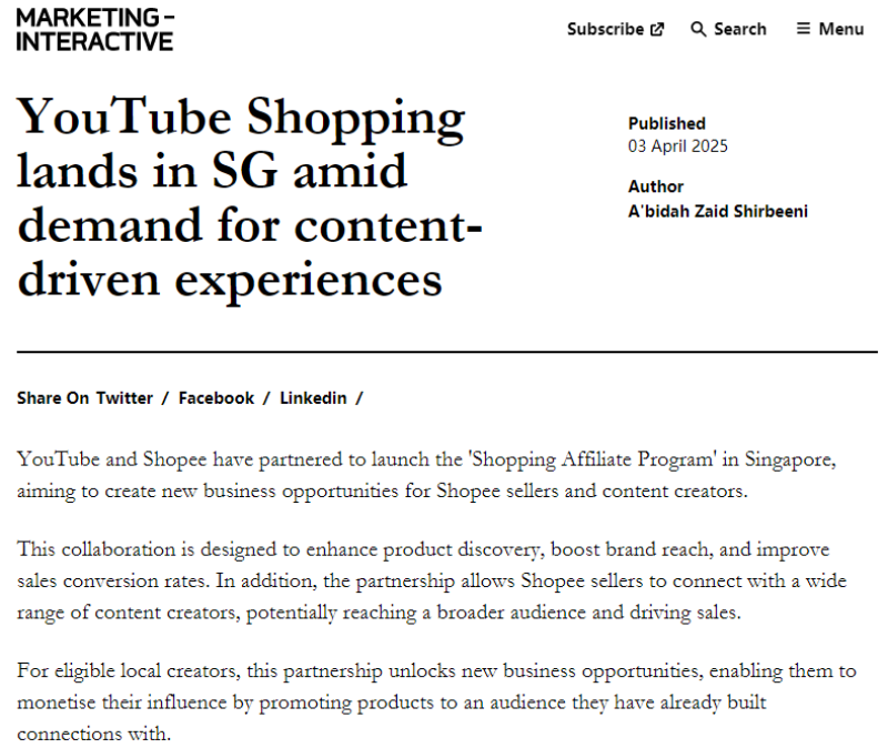 YouTube与Shopee合作在新加坡推出购物联盟计划