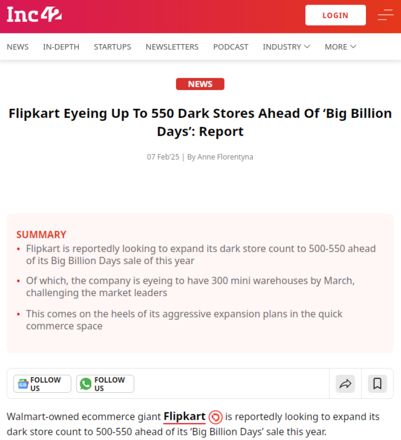 Flipkart计划在Big Billion Days前开设550家暗店