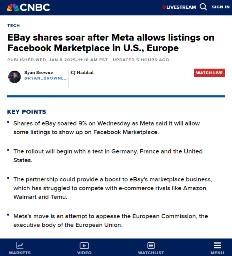 eBay测试接入Facebook Marketplace