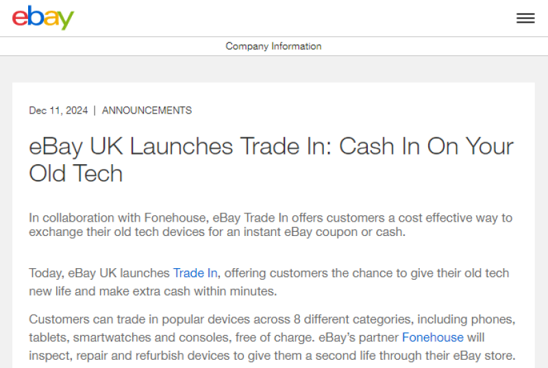 eBay英国站推出科技产品以旧换新服务