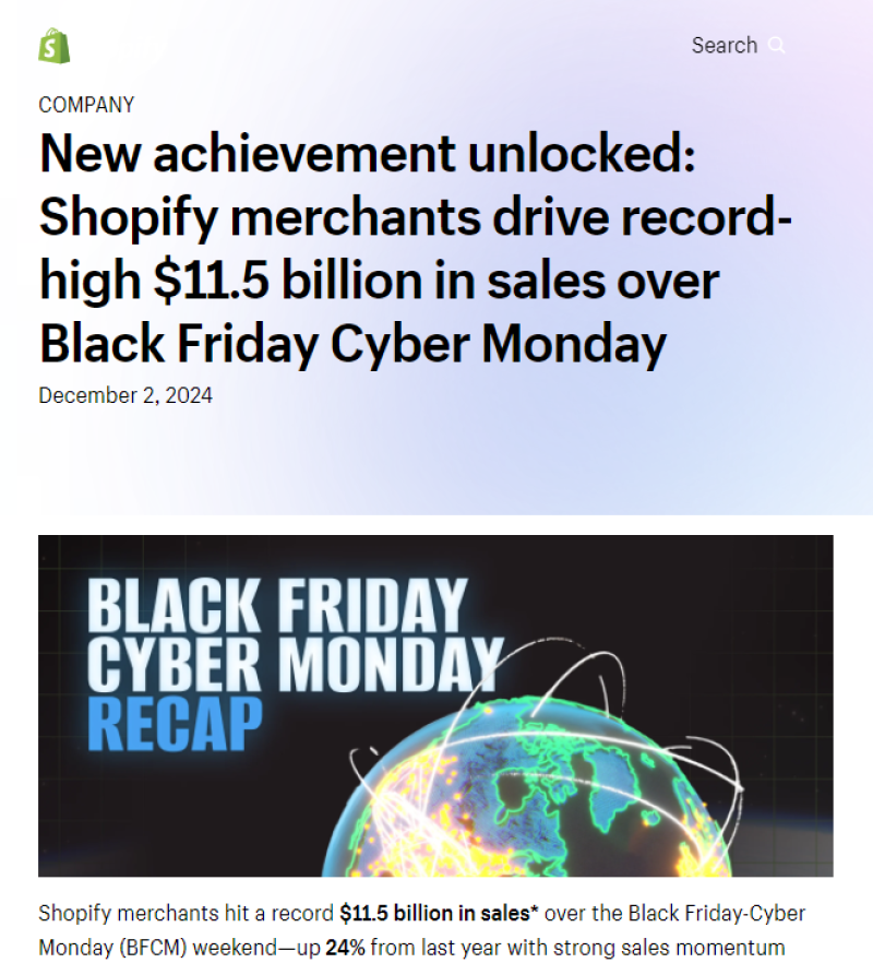 Shopify黑五网一销售额创115亿美元新纪录
