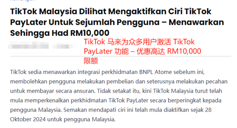 在马来西亚上线先买后付，TikTok多了一张王牌