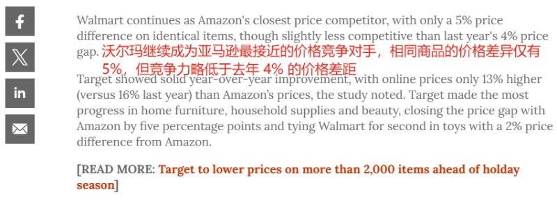 再度击败沃尔玛，亚马逊价格优势显著