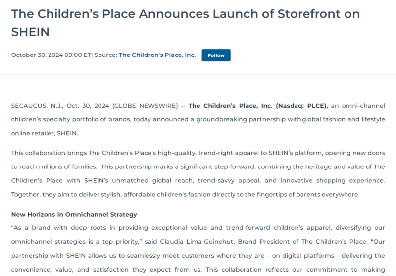 SHEIN开设The Children’s Place品牌店面