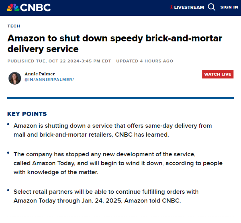 亚马逊计划关闭Amazon Today当日送达业务