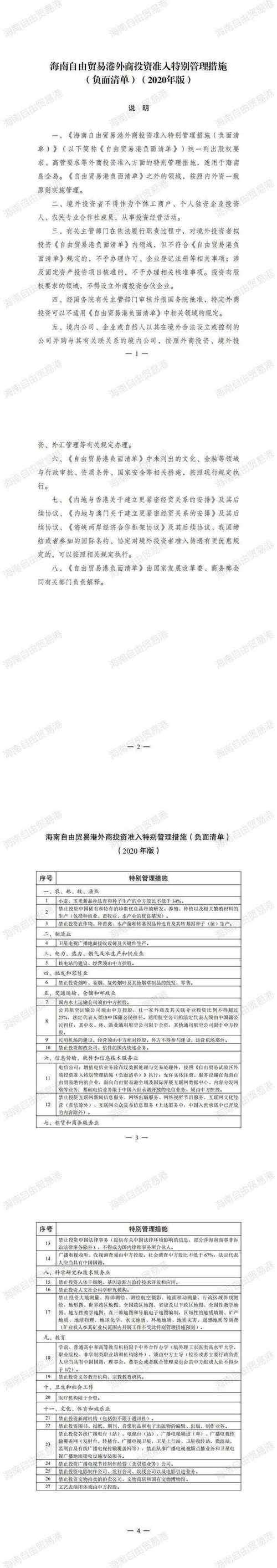 2020年版外商投资准入负面清单施行